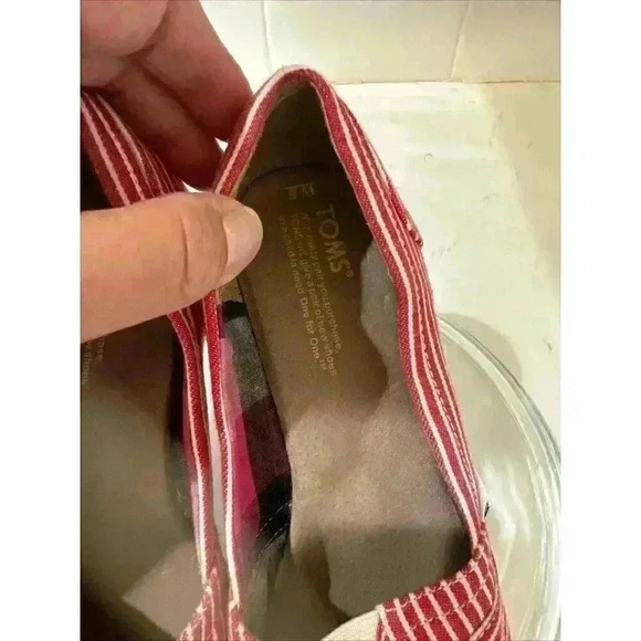 Women's Toms Heels Slip-on Wedges Peep Toe Canvas Red/White Stripes Size 6 - Picture 9 of 15